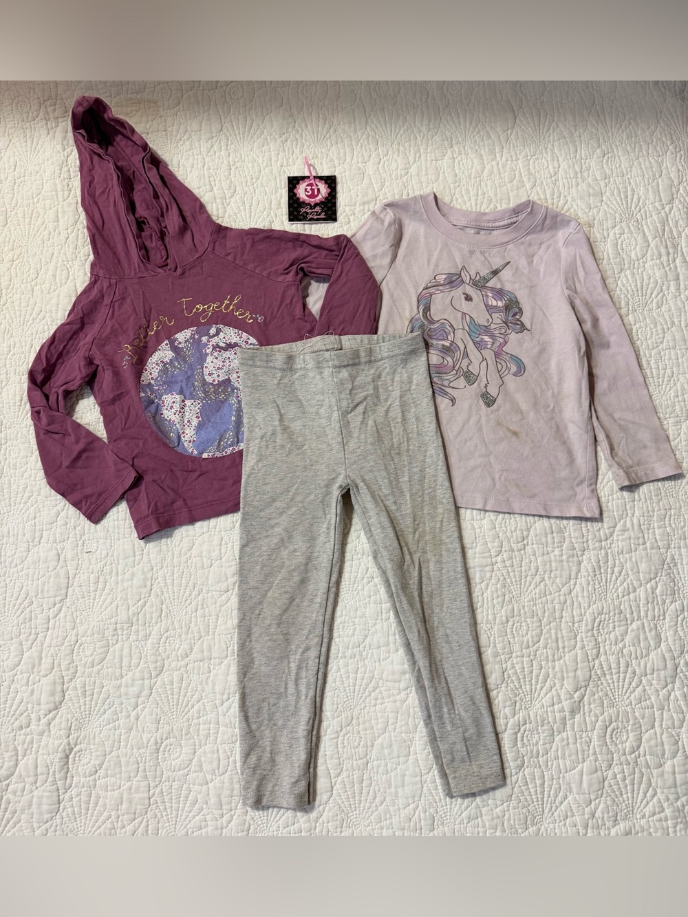 Girls Purple Unicorn Top + Plum Hoodie & Gray Leggings Set